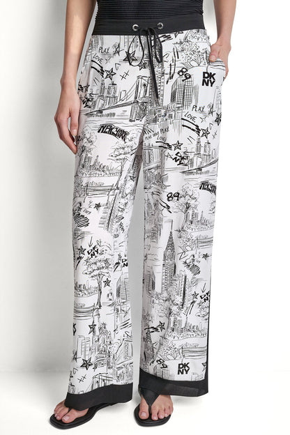 PRINTED DRAWSTRING WIDE LEG PANT - Ny Toile White | DKNY