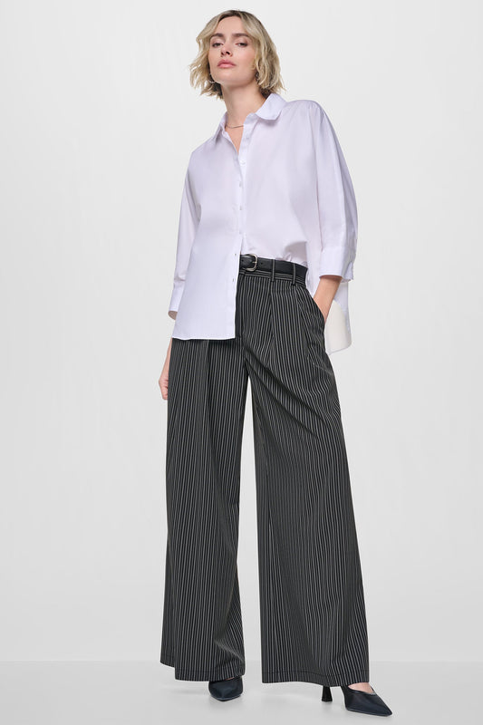 PINSTRIPE PLEATED STRAIGHT LEG COMMUTER PANT - Black/Ivory | DKNY