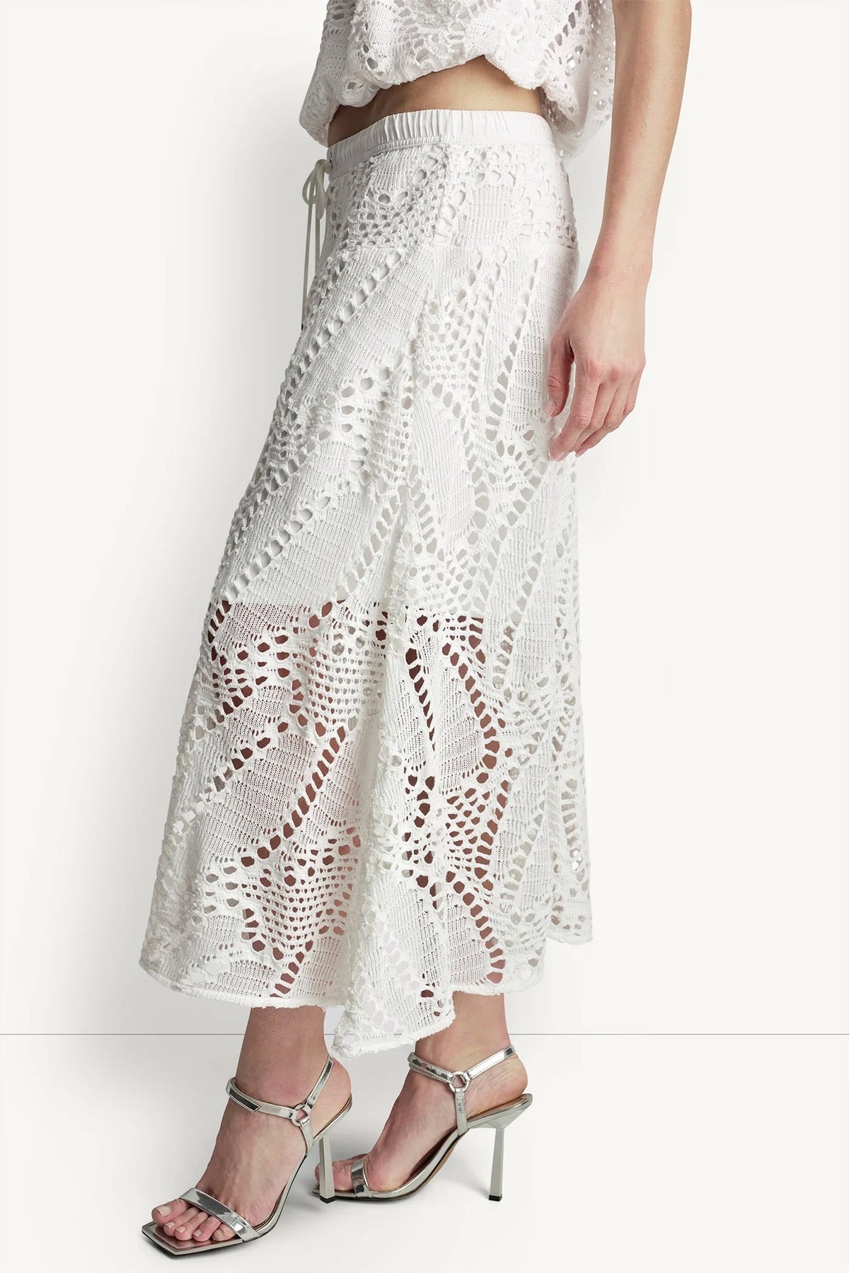 COTTON-BLEND CROCHET LEAF MIDI SKIRT - Ivory | DKNY