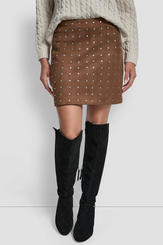 EMBELLISHED FAUX SUEDE MINI SKIRT - BURNT SUGAR FAUX SUEDE | DKNY