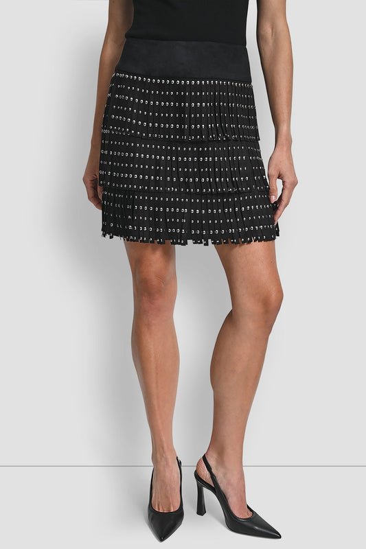 FAUX SUEDE STUDDED FRINGE MINI SKIRT - Black | DKNY