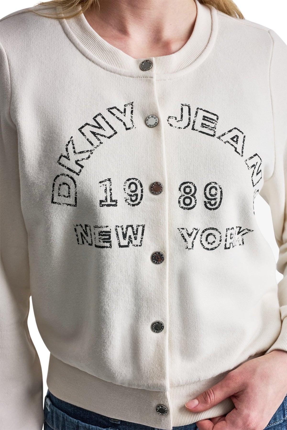 BUTTON FRONT SHRUNKEN LOGO JACKET - Eggnog | DKNY