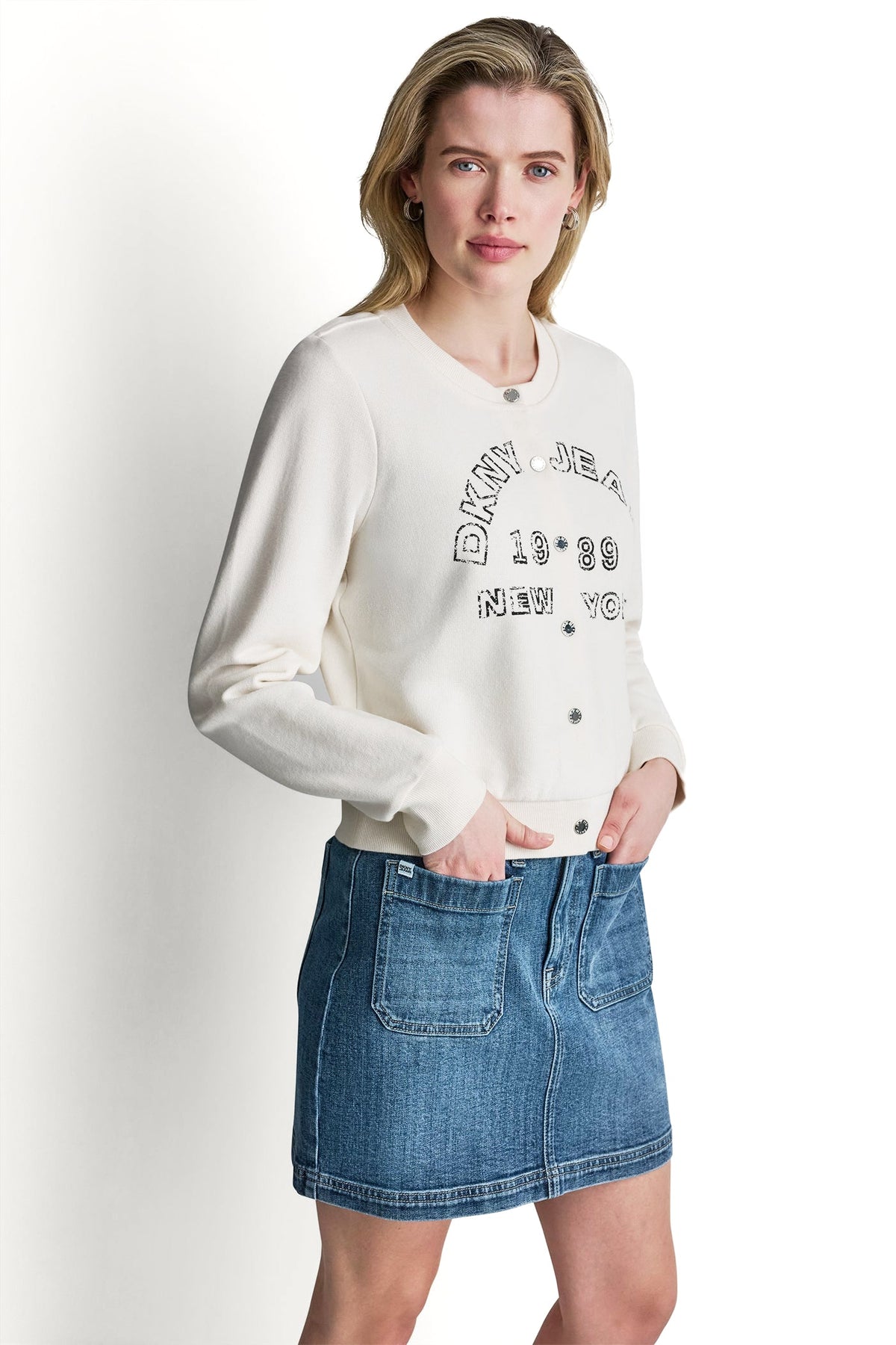 BUTTON FRONT SHRUNKEN LOGO JACKET - Eggnog | DKNY