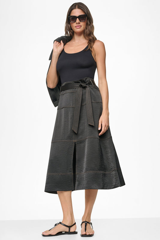 TIE WAIST CONTRAST STITCH MIDI SKIRT - Dune | DKNY