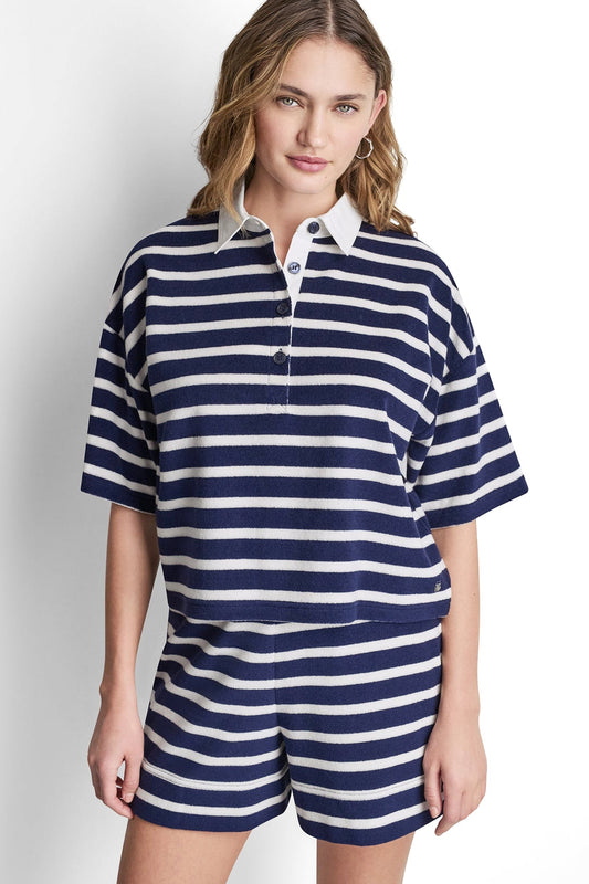 TOWELLING TERRY STRIPE BOXY POLO - Peacoat/Eggnog | DKNY