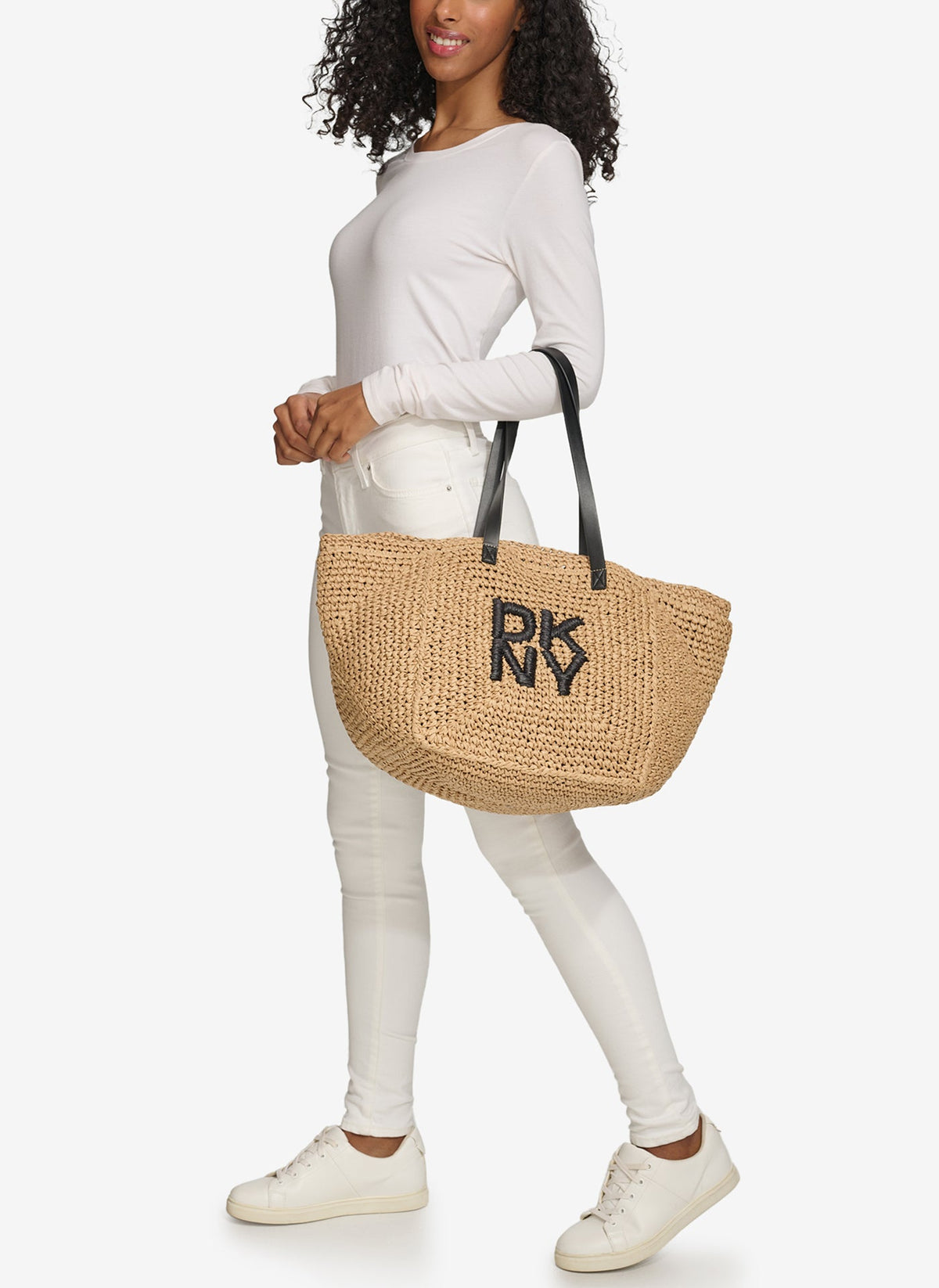 PALOMA CROCHET STRAW LOGO TOTE - Natural/Black | DKNY