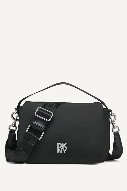 JENNY LOGO FLAP SHOULDER BAG - Black/Silver | DKNY