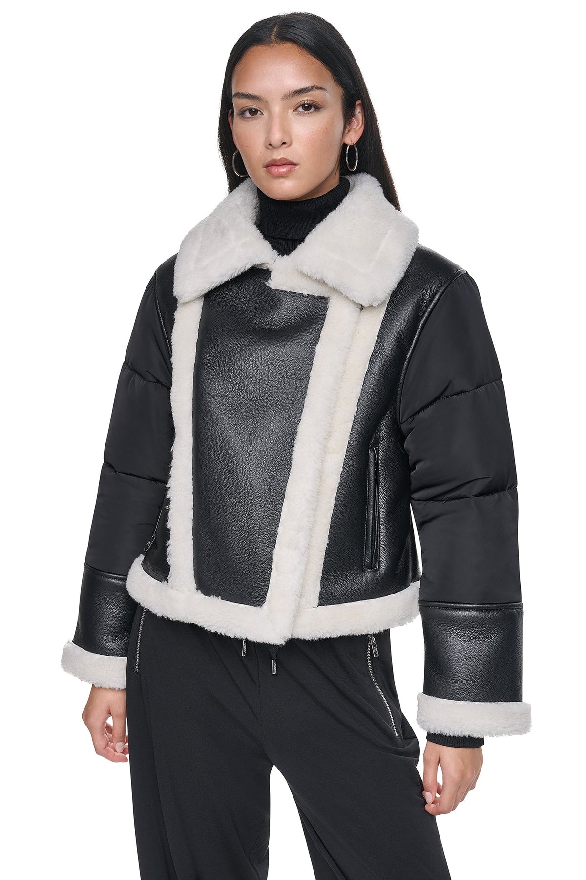 PUFF SLEEVE FAUX SHEARLING JACKET - Black/Ivory | DKNY