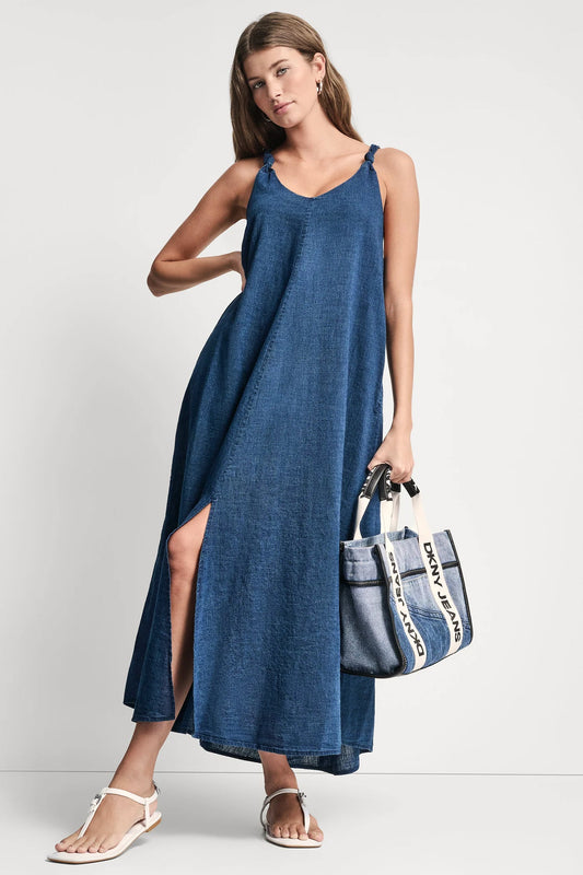 KNOTTED STRAP V-NECK MAXI DRESS - Indigo | DKNY