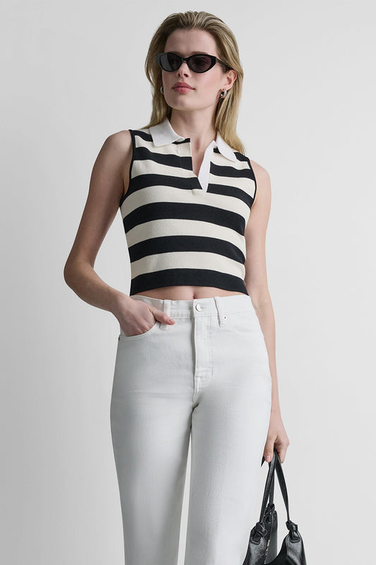 STRIPED SLEVELESS POLO SWEATER - Black/Eggnog/White | DKNY