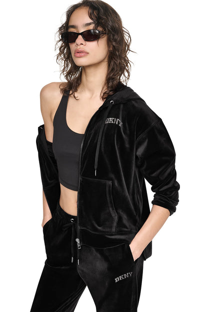 VARSITY VELOUR RHINESTONE LOGO FULL ZIP HOODIE - Black | DKNY