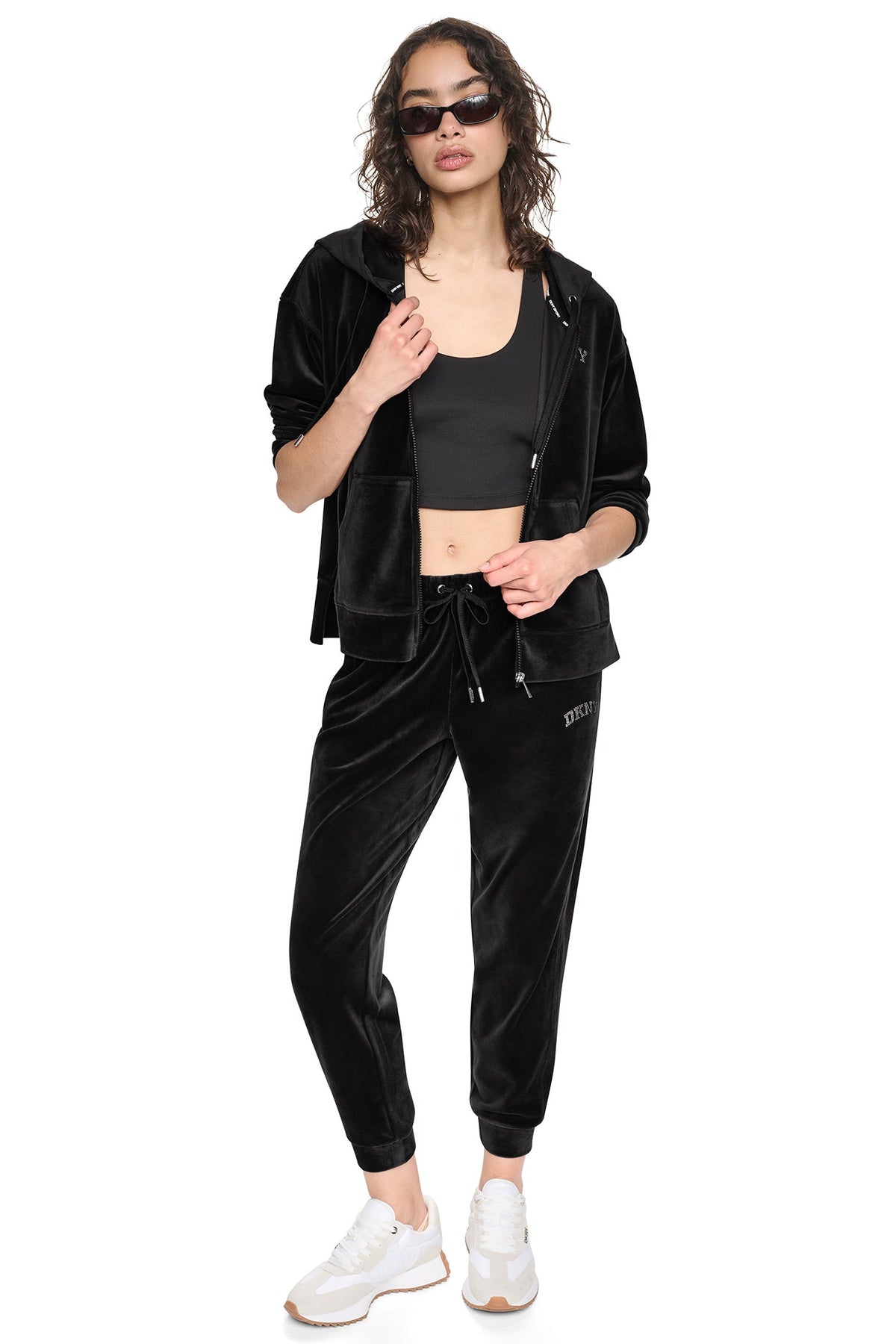 VARSITY VELOUR RHINESTONE LOGO FULL ZIP HOODIE - Black | DKNY