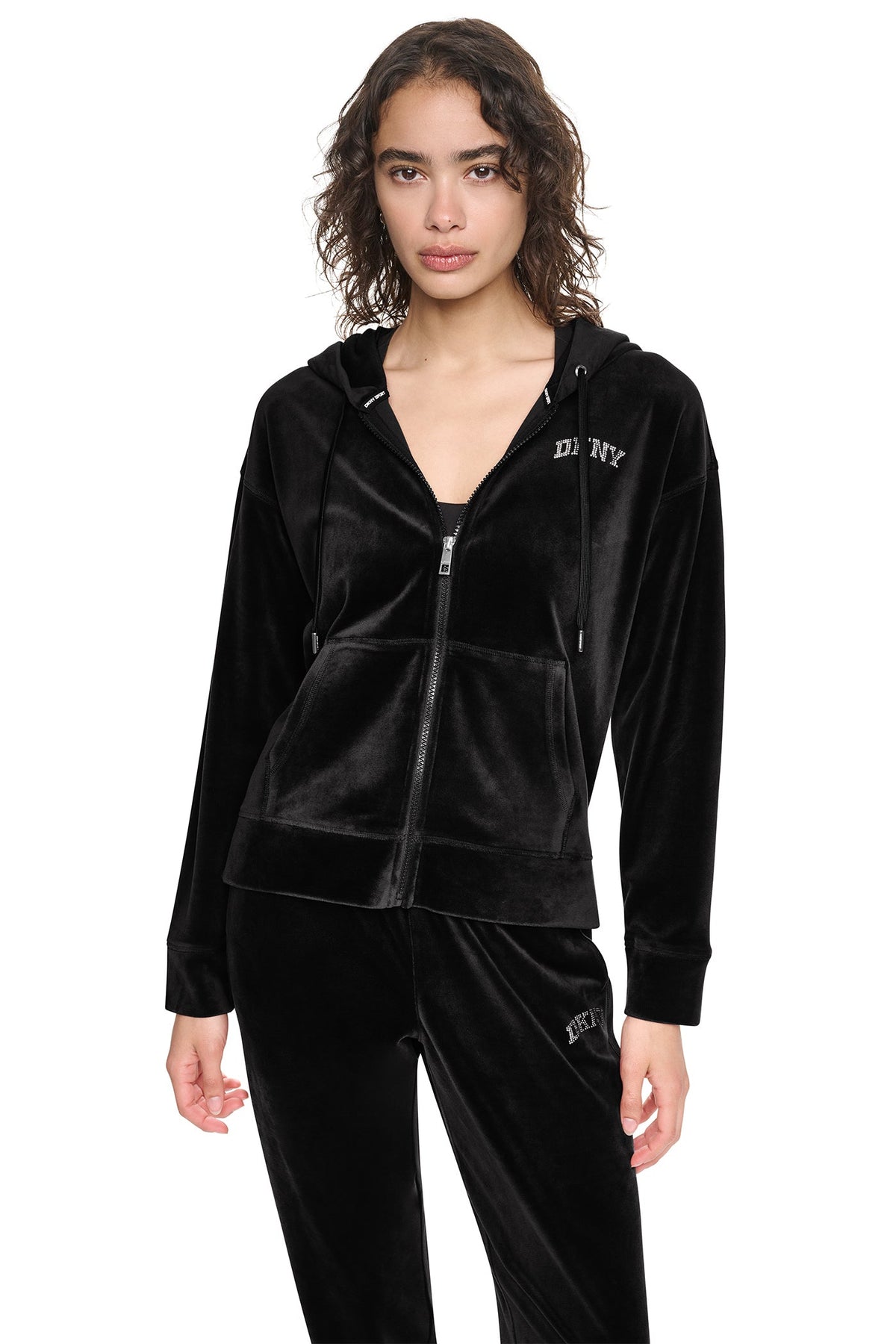 VARSITY VELOUR RHINESTONE LOGO FULL ZIP HOODIE - Black | DKNY