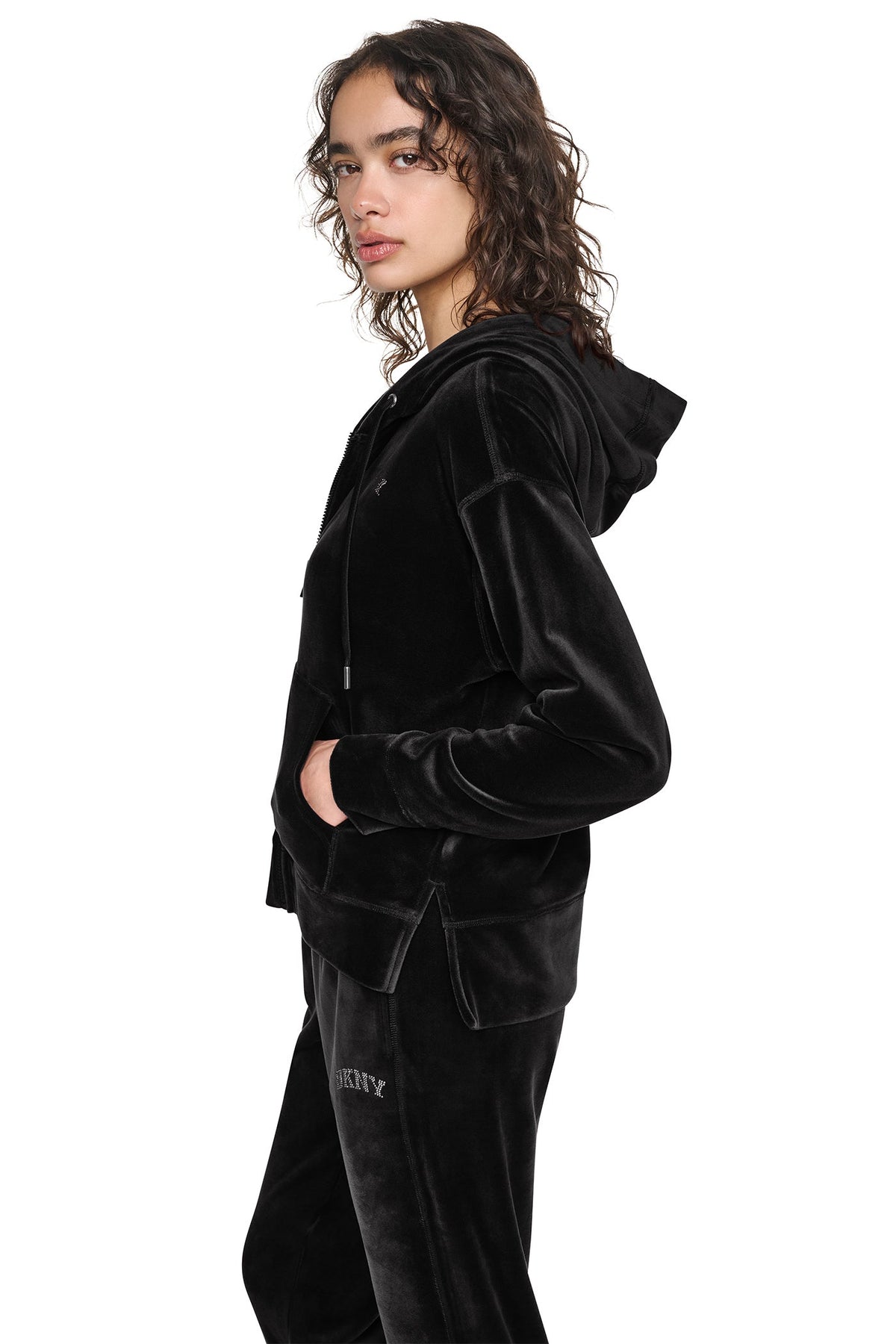 VARSITY VELOUR RHINESTONE LOGO FULL ZIP HOODIE - Black | DKNY