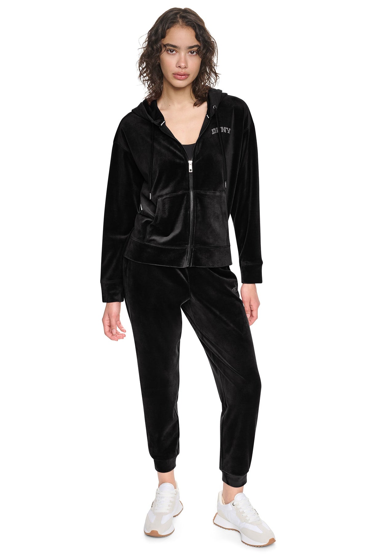VARSITY VELOUR RHINESTONE LOGO FULL ZIP HOODIE - Black | DKNY