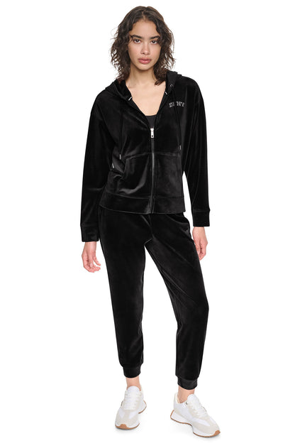 VARSITY VELOUR RHINESTONE LOGO FULL ZIP HOODIE - Black | DKNY