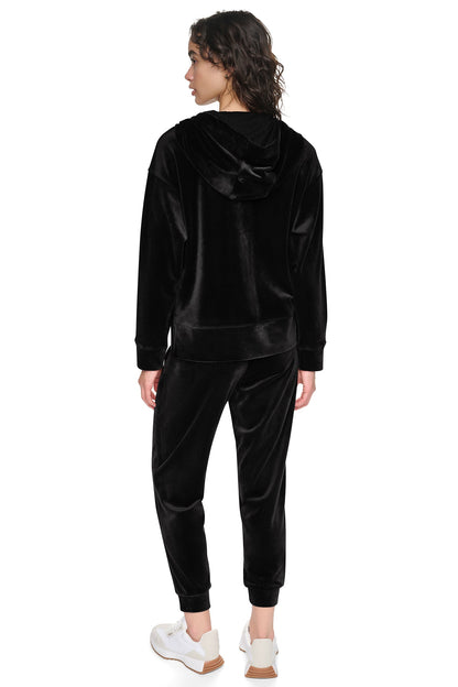 VARSITY VELOUR RHINESTONE LOGO FULL ZIP HOODIE - Black | DKNY