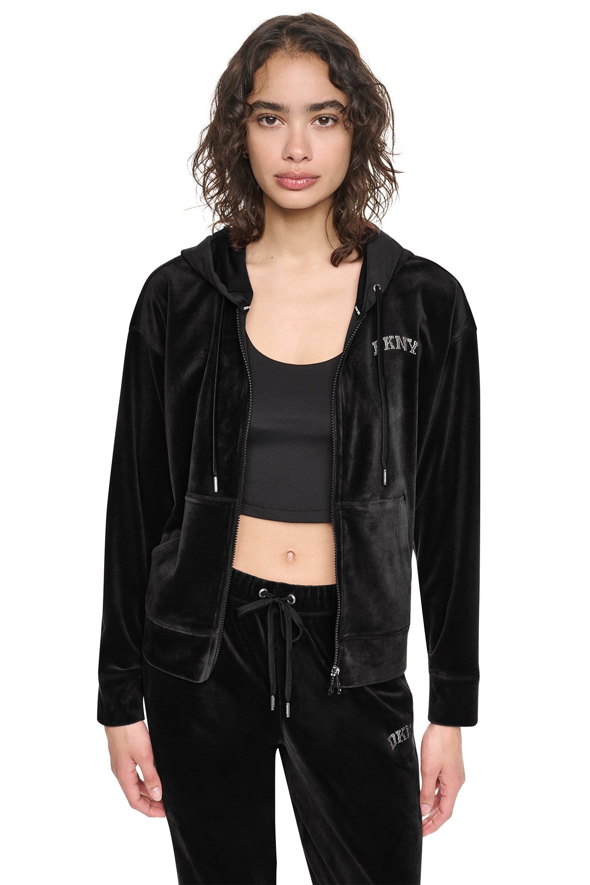 VARSITY VELOUR RHINESTONE LOGO FULL ZIP HOODIE - Black | DKNY