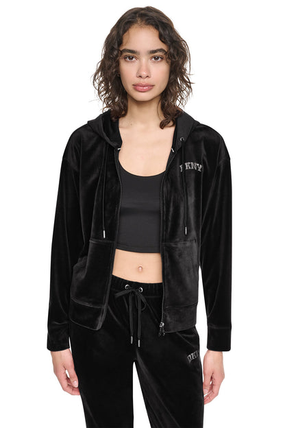 VARSITY VELOUR RHINESTONE LOGO FULL ZIP HOODIE - Black | DKNY