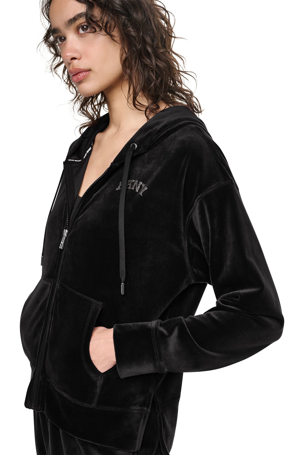 VARSITY VELOUR RHINESTONE LOGO FULL ZIP HOODIE - Black | DKNY