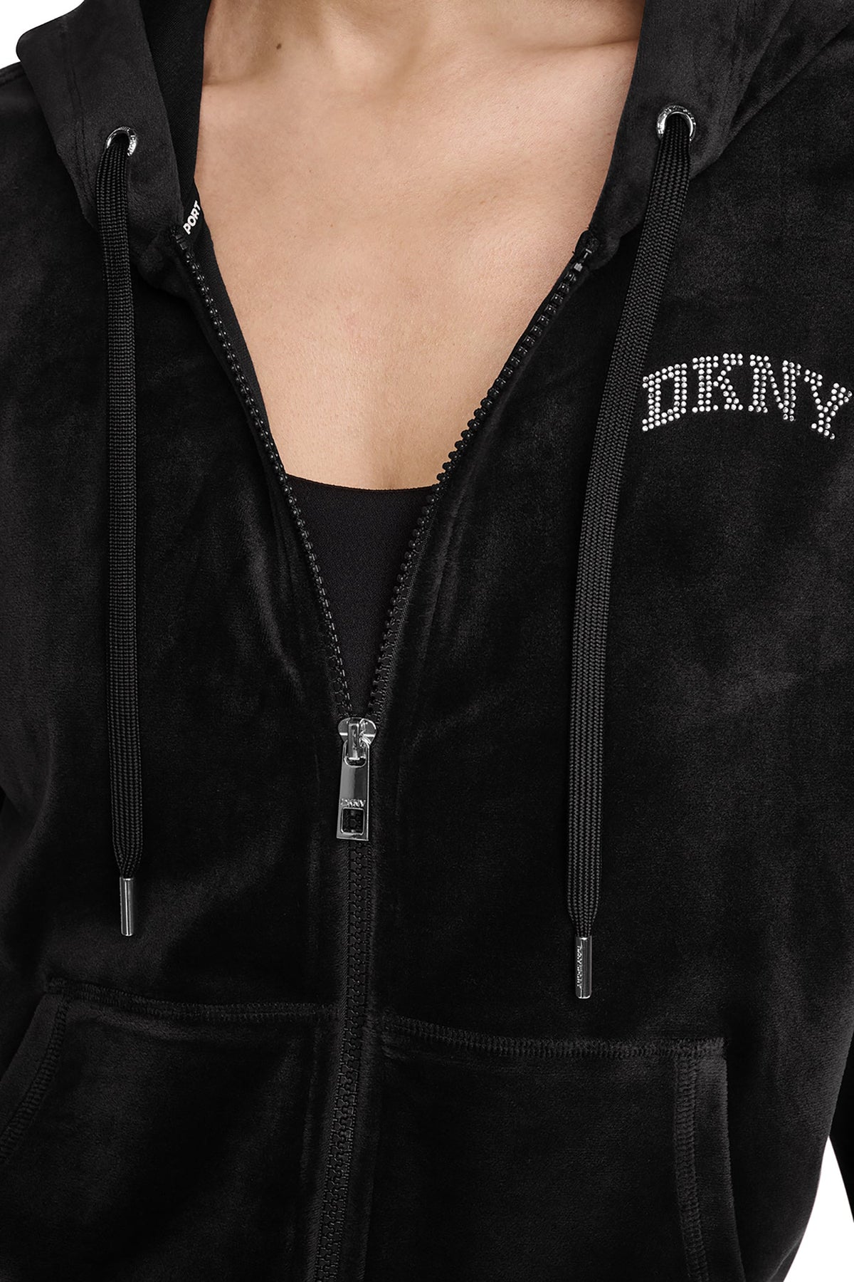 VARSITY VELOUR RHINESTONE LOGO FULL ZIP HOODIE - Black | DKNY