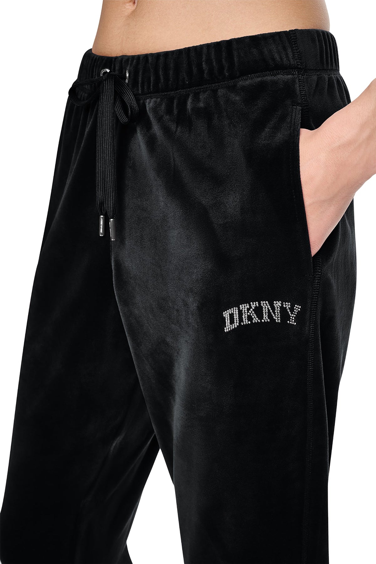 VARSITY VELOUR RHINESTONE LOGO MID-RISE JOGGER - Black | DKNY