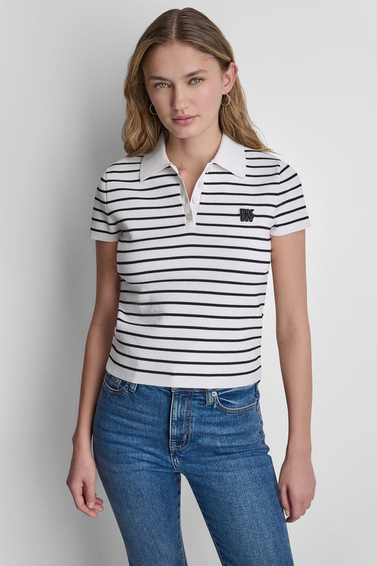 CROPPED STRIPED POLO SWEATER - Ivory/Black | DKNY