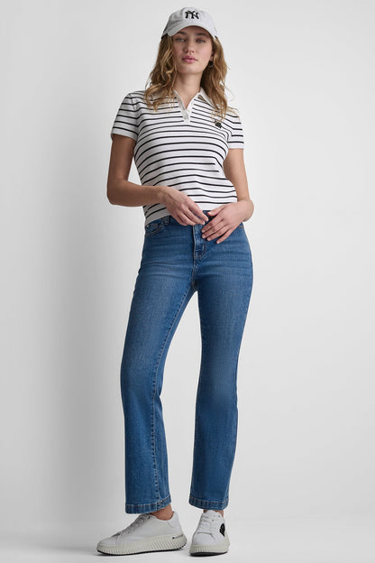 CROPPED STRIPED POLO SWEATER - Ivory/Black | DKNY