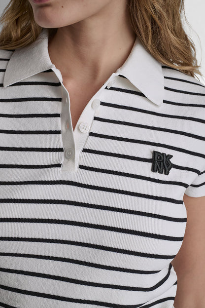 CROPPED STRIPED POLO SWEATER - Ivory/Black | DKNY