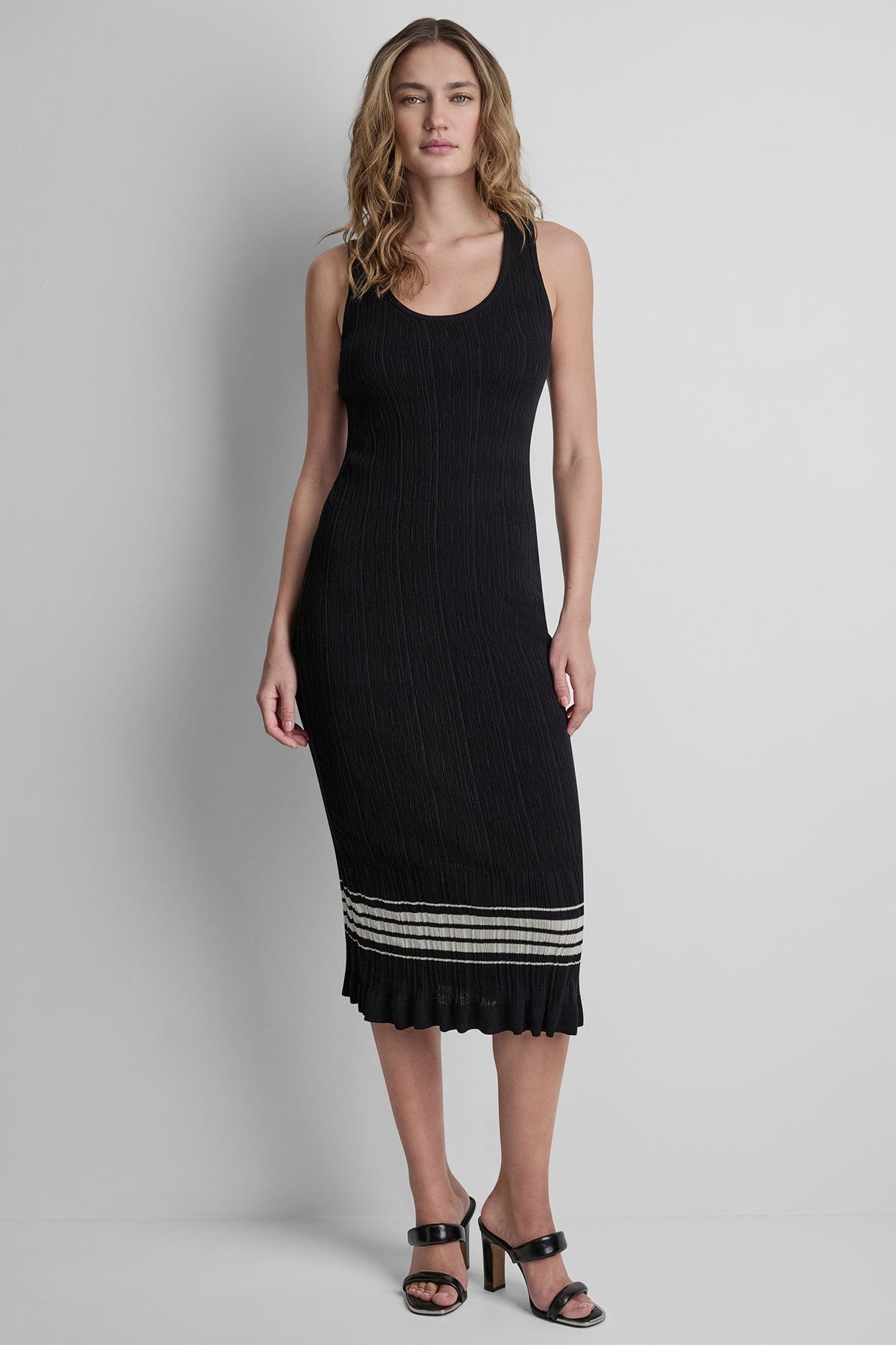 RIBBED COTTON-BLEND STRIPE MIDI SWEATER DRESS - Black/Coconut | DKNY