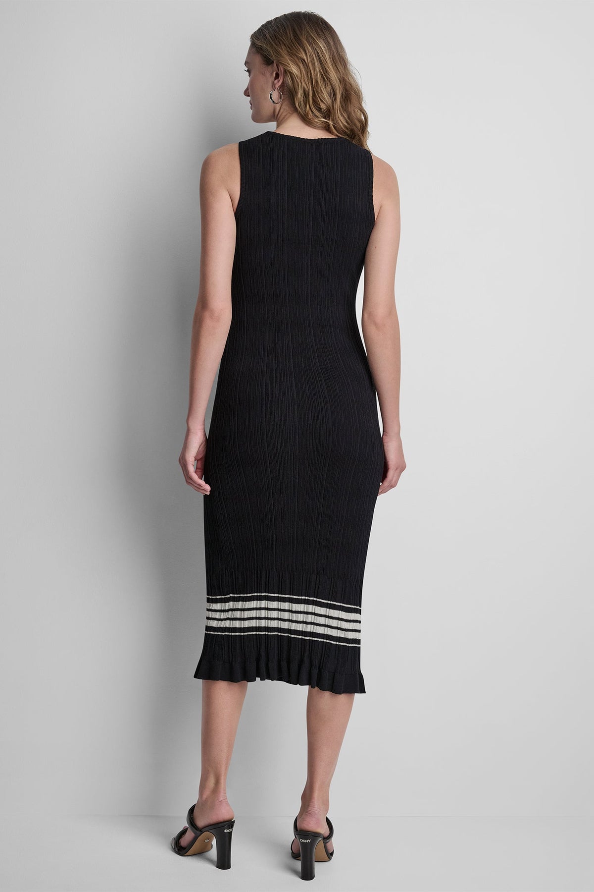 RIBBED COTTON-BLEND STRIPE MIDI SWEATER DRESS - Black/Coconut | DKNY