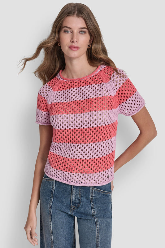 OPEN STITCH STRIPE SWEATER - Pastel Yellow/Pebble | DKNY