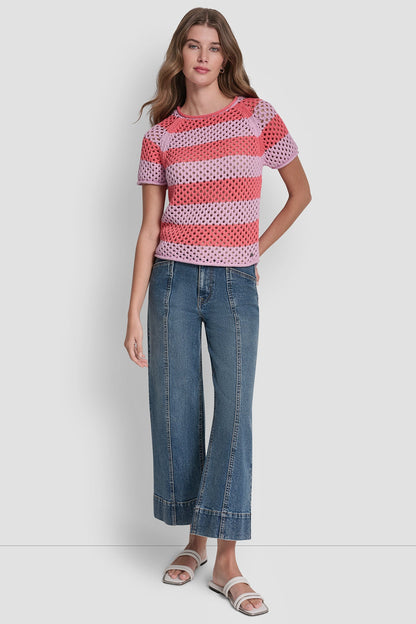 OPEN STITCH STRIPE SWEATER - Pastel Yellow/Pebble | DKNY