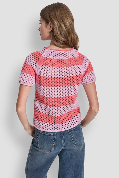 OPEN STITCH STRIPE SWEATER - Pastel Yellow/Pebble | DKNY