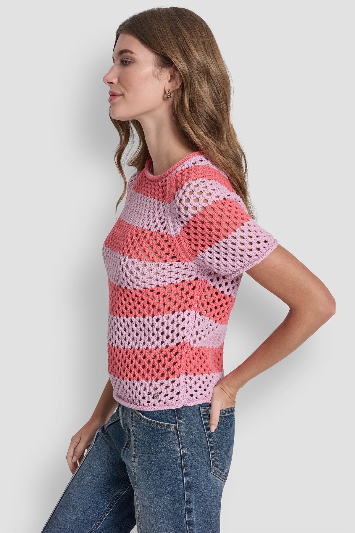 OPEN STITCH STRIPE SWEATER - Pastel Yellow/Pebble | DKNY