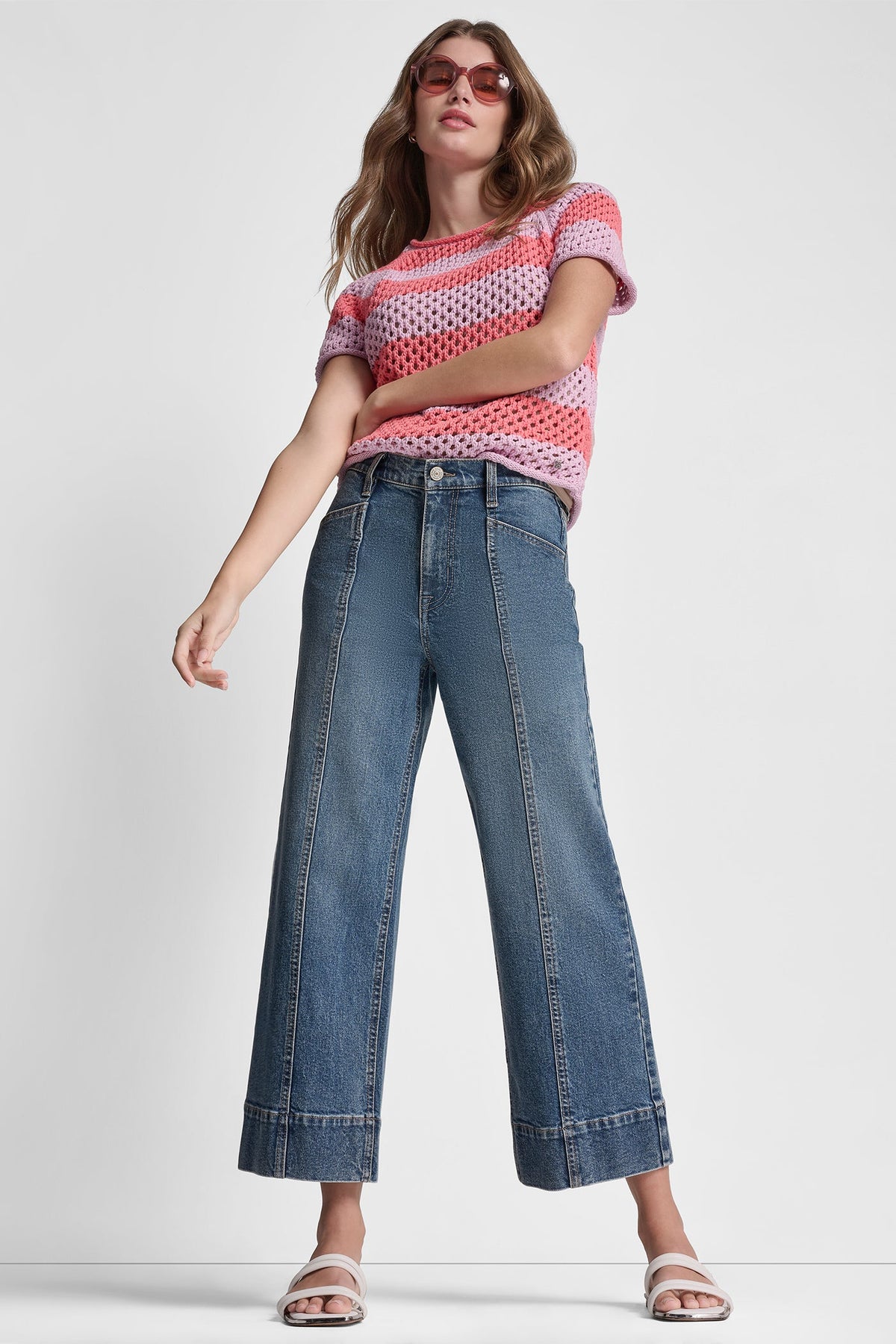OPEN STITCH STRIPE SWEATER - Pastel Yellow/Pebble | DKNY