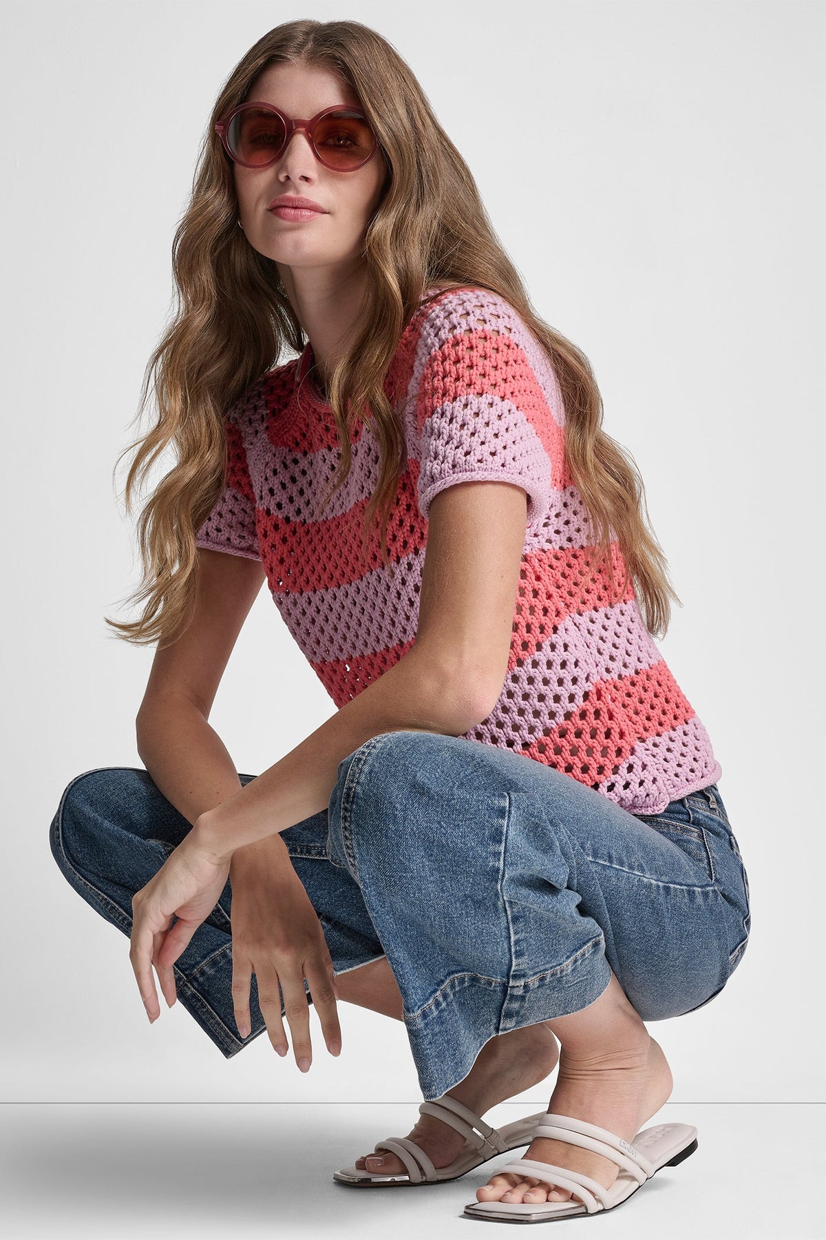 OPEN STITCH STRIPE SWEATER - Pastel Yellow/Pebble | DKNY