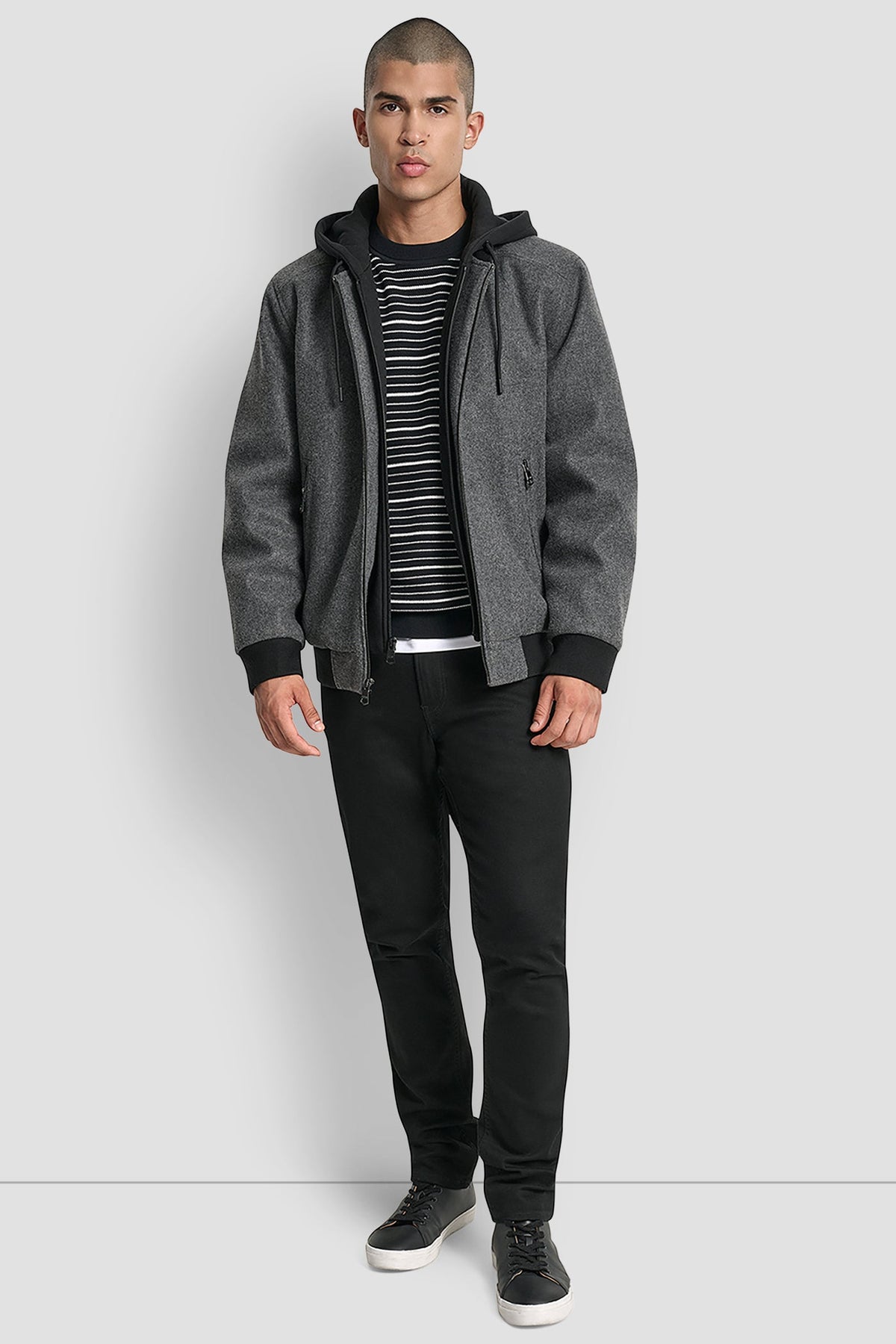 FAUX WOOL BOMBER WITH HOODED BIB - Black | DKNY