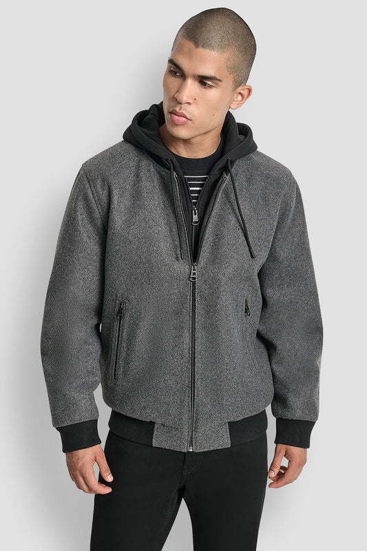 FAUX WOOL BOMBER WITH HOODED BIB - Black | DKNY