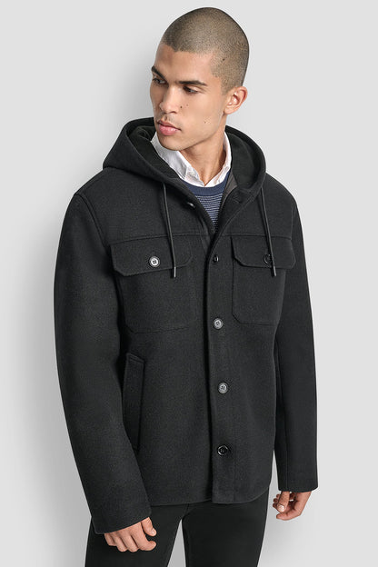 FAUX WOOL HOODED SHIRT JACKET - Grey | DKNY