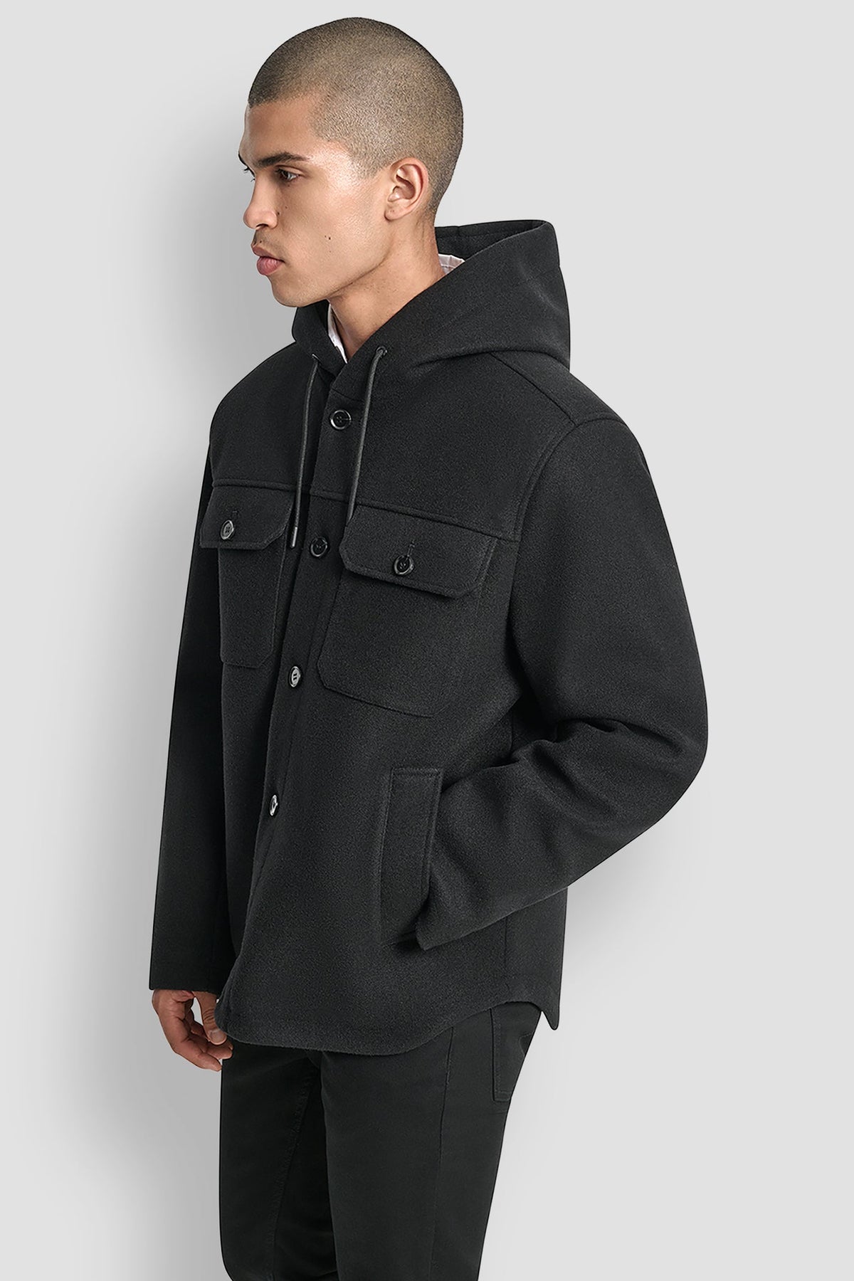 FAUX WOOL HOODED SHIRT JACKET - Grey | DKNY