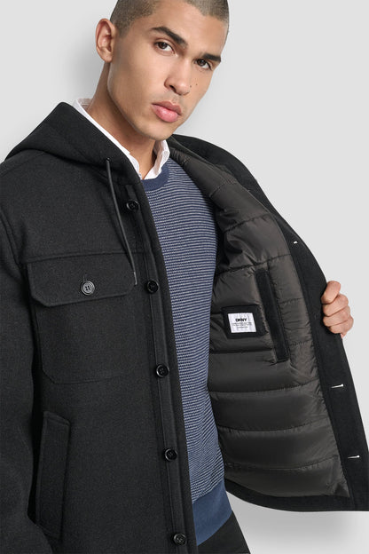 FAUX WOOL HOODED SHIRT JACKET - Grey | DKNY