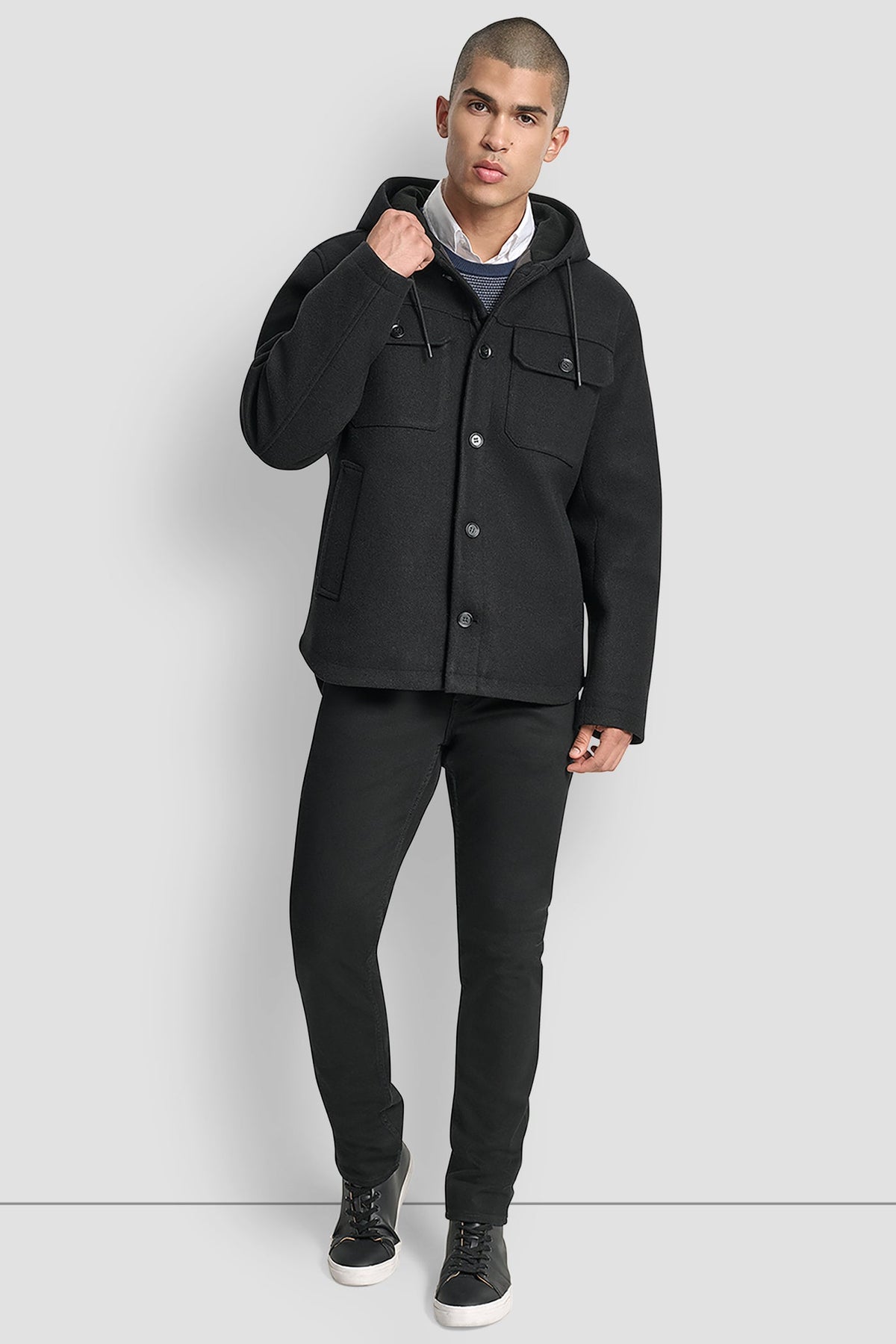 FAUX WOOL HOODED SHIRT JACKET - Black | DKNY