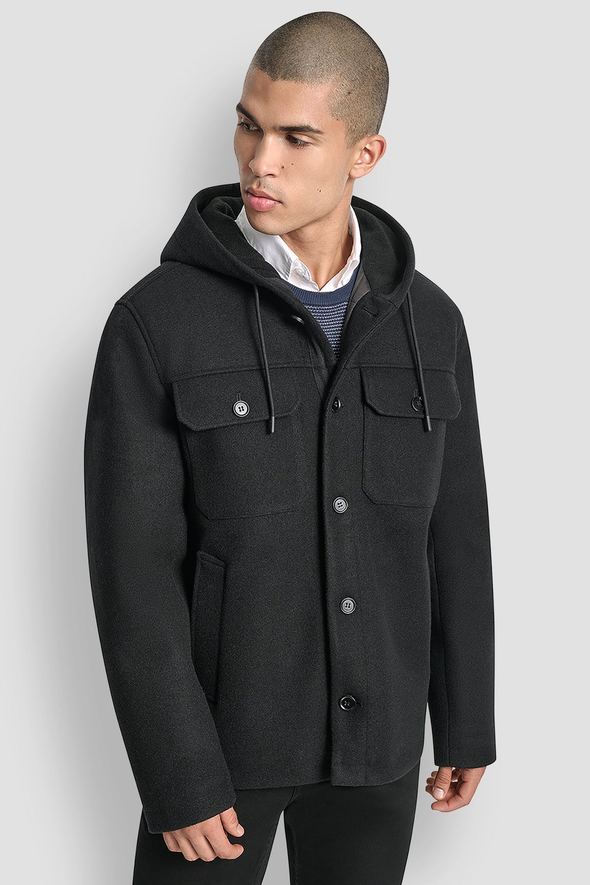 FAUX WOOL HOODED SHIRT JACKET - Black | DKNY