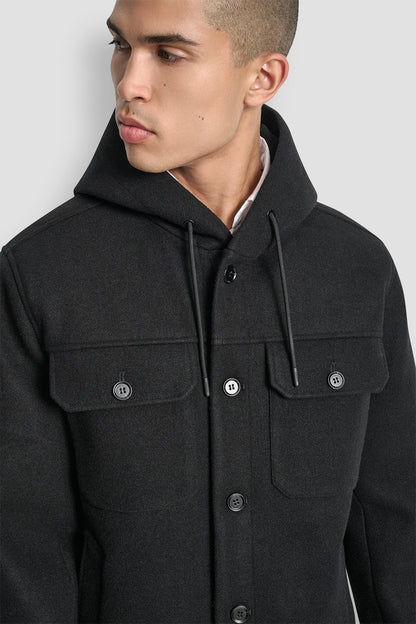 FAUX WOOL HOODED SHIRT JACKET - Black | DKNY