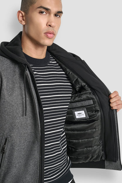 FAUX WOOL BOMBER WITH HOODED BIB - Grey | DKNY