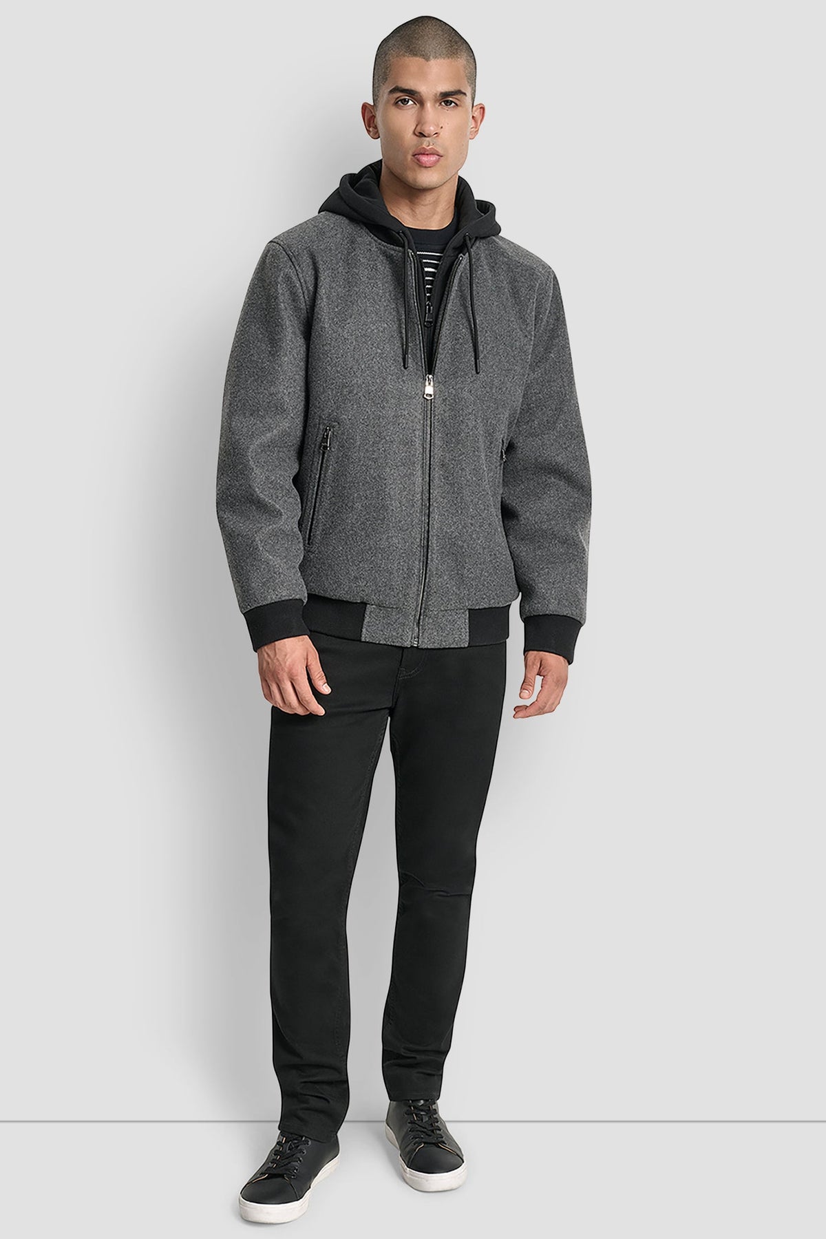 FAUX WOOL BOMBER WITH HOODED BIB - Grey | DKNY