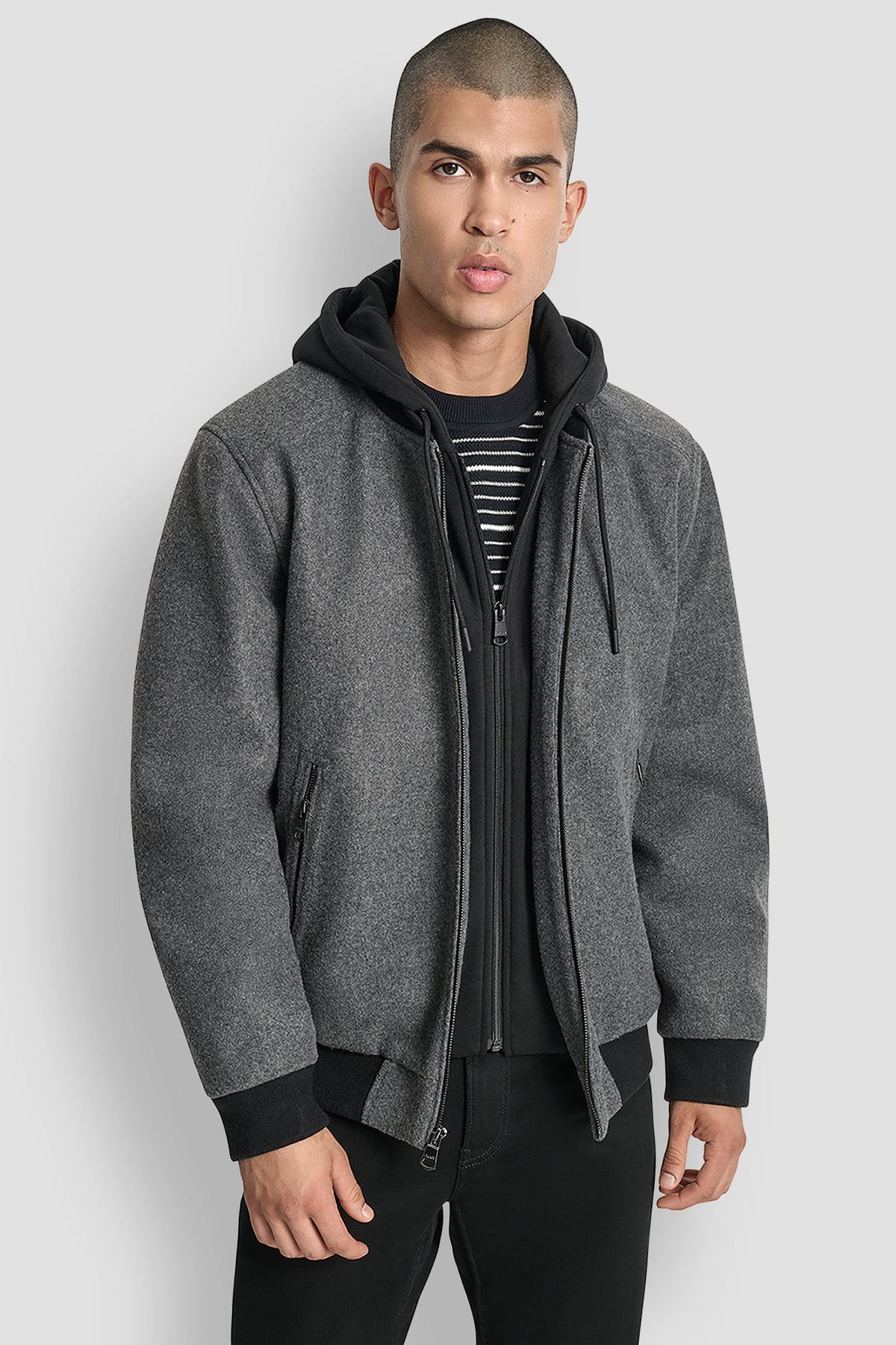 FAUX WOOL BOMBER WITH HOODED BIB - Grey | DKNY