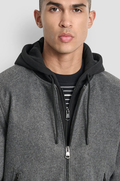 FAUX WOOL BOMBER WITH HOODED BIB - Grey | DKNY