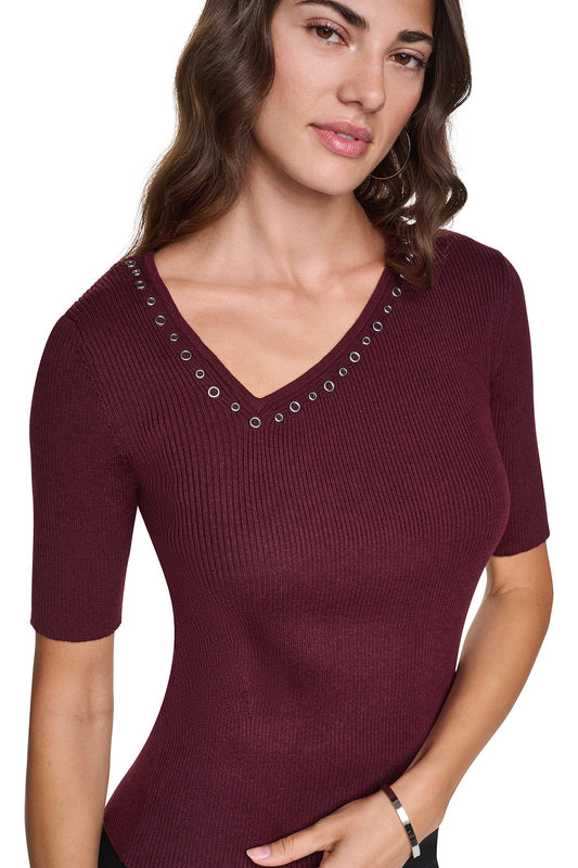 ASYMMETRIC NECK STUDDED SWEATER - Putty | DKNY